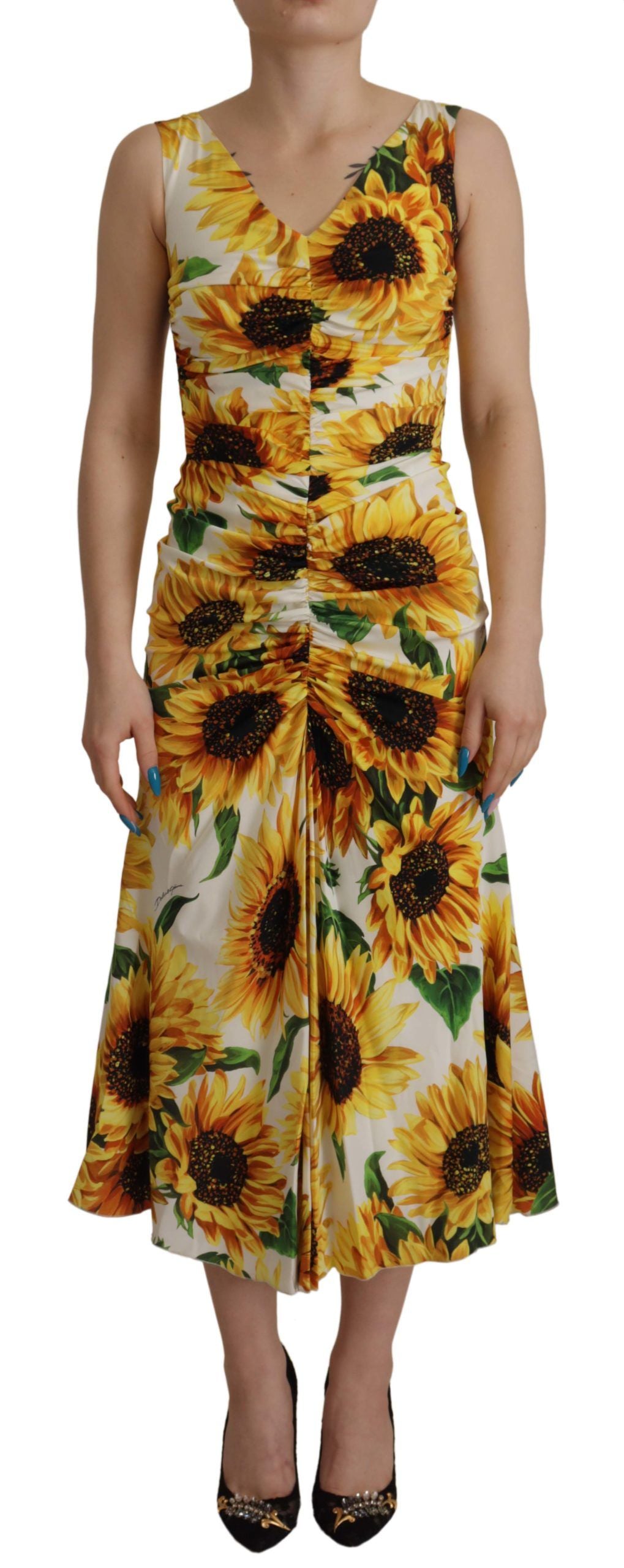 - Elegant White Floral Print Midi Dress