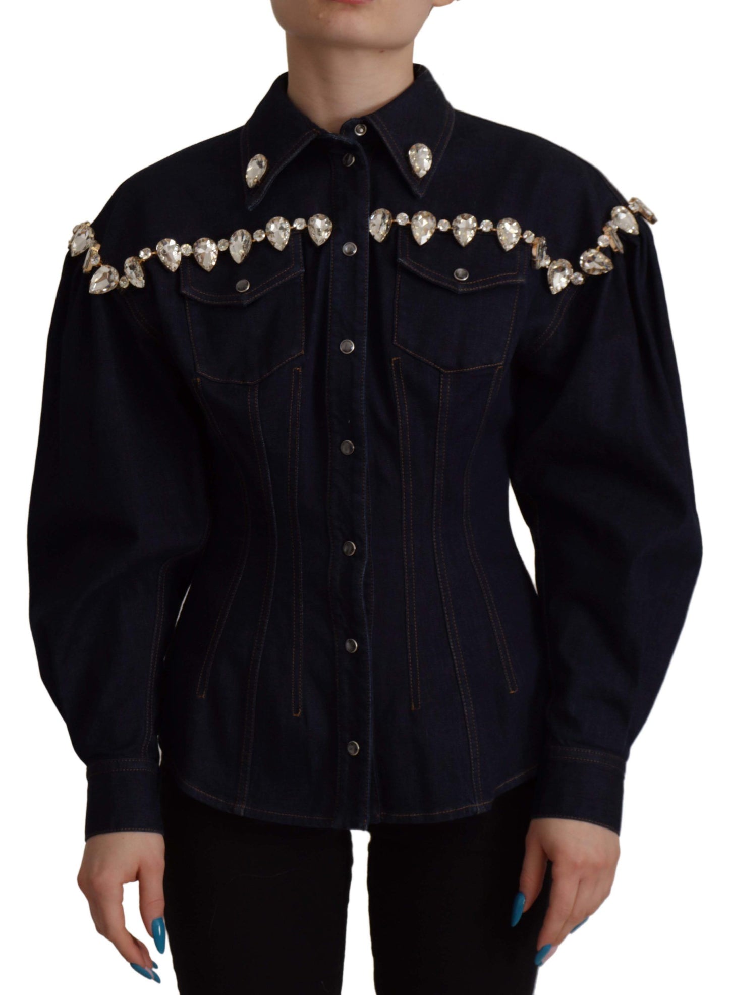 - Elegant Crystal-Embellished Denim Jacket