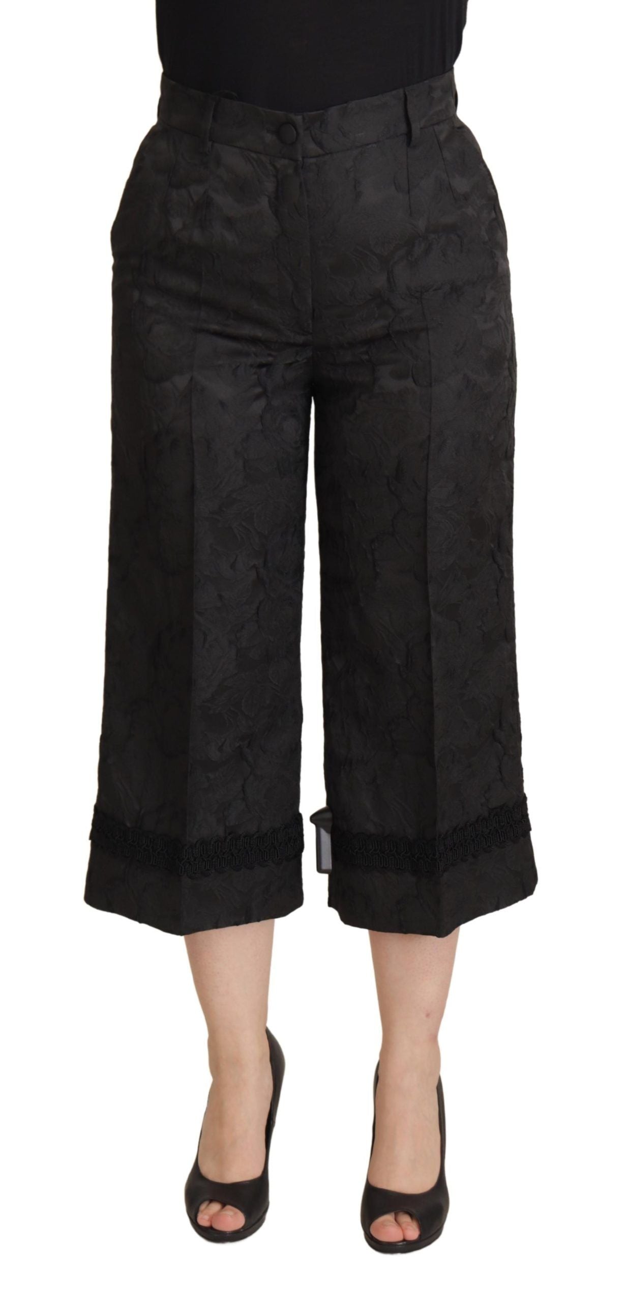 - Elegant Black Brocade Cropped Pants