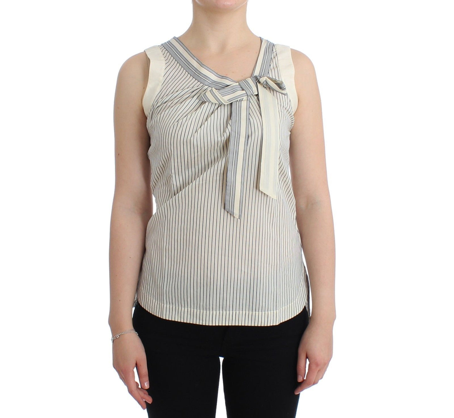 - Chic Striped Cotton-Silk Bow Top