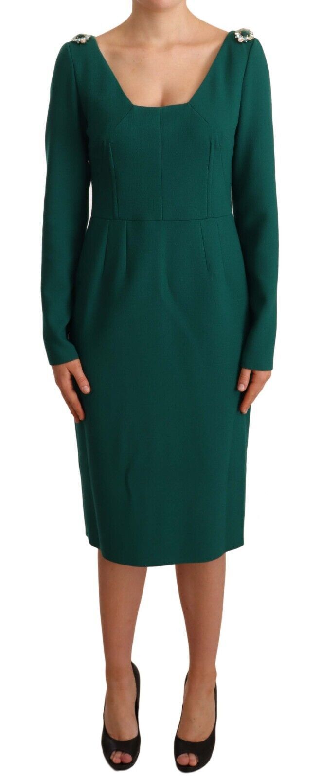 - Emerald Green Midi Sheath Dress with Crystal Brooch