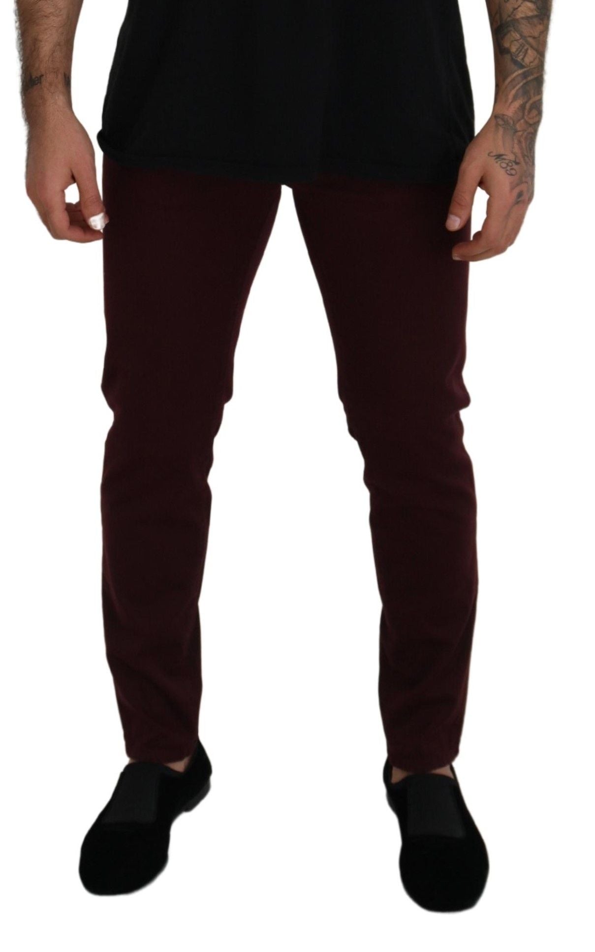 - Slim Fit Bordeaux Jeans - Italian Luxury