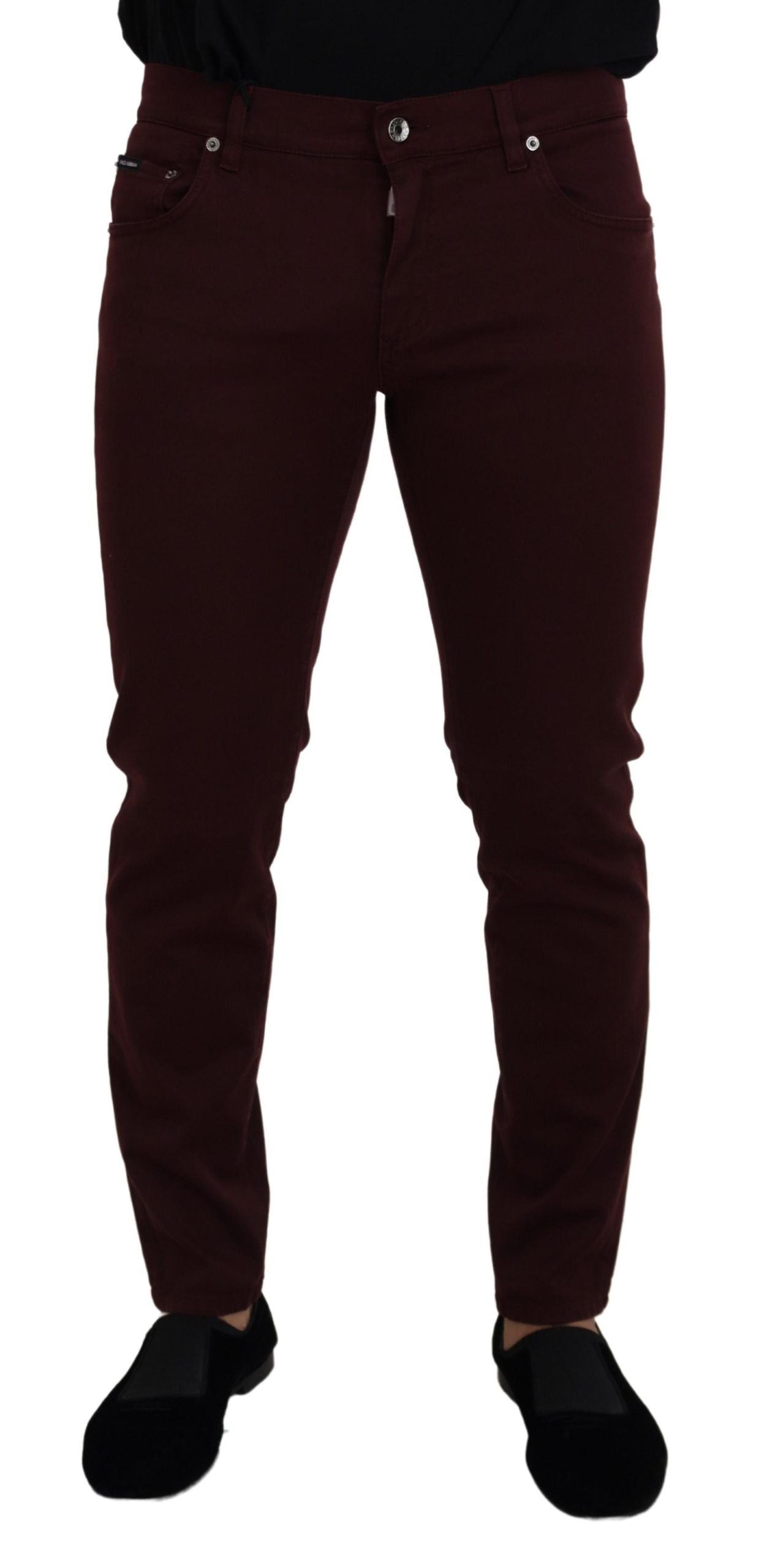 - Slim Fit Bordeaux Jeans - Italian Luxury