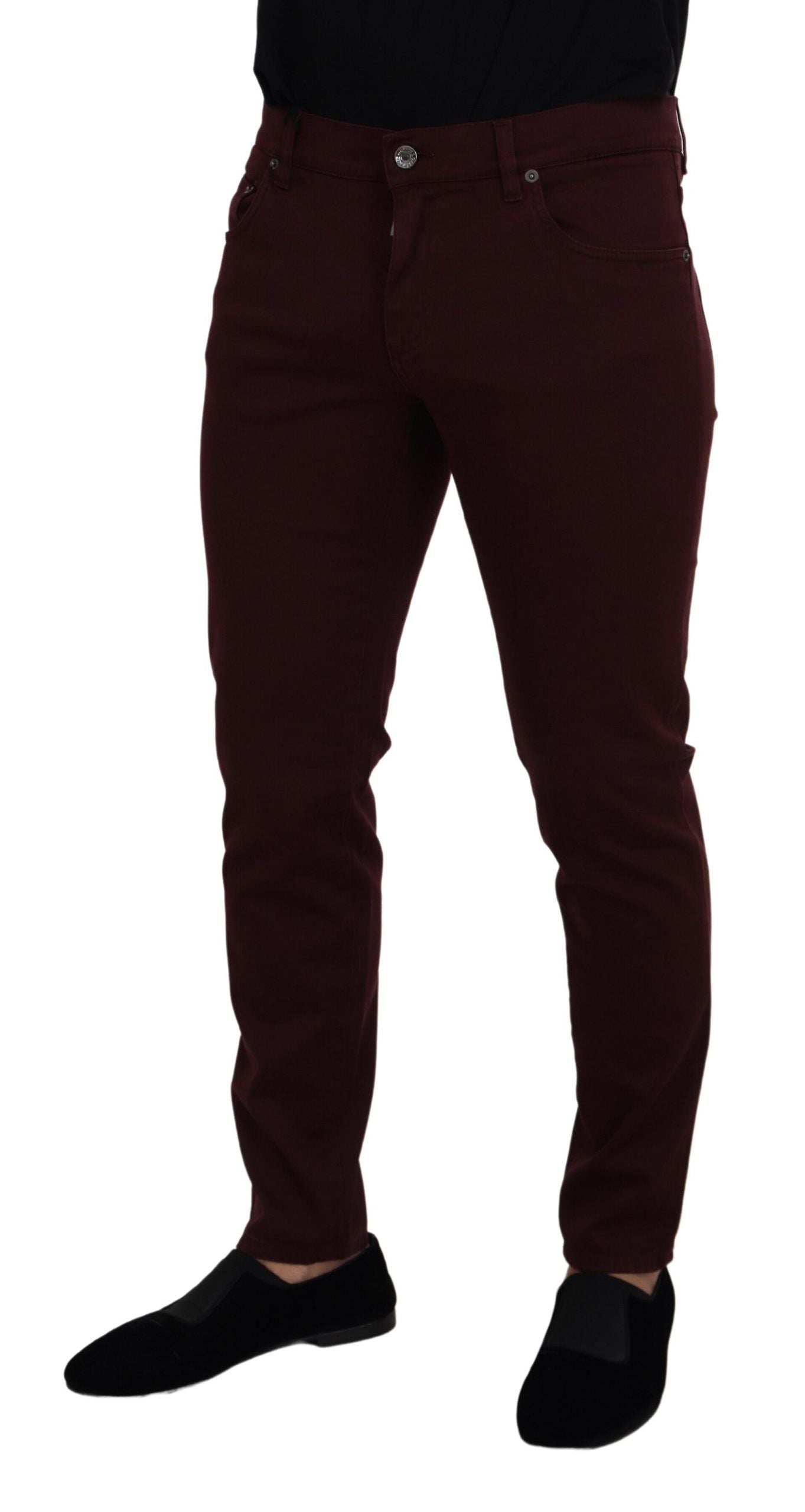 - Slim Fit Bordeaux Jeans - Italian Luxury