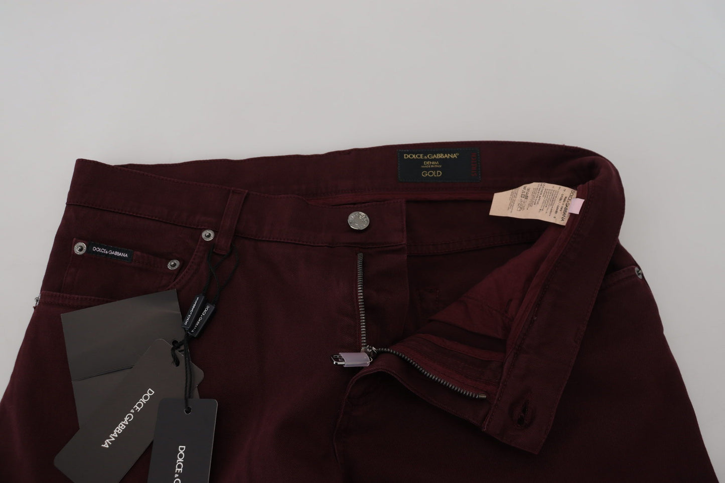- Slim Fit Bordeaux Jeans - Italian Luxury