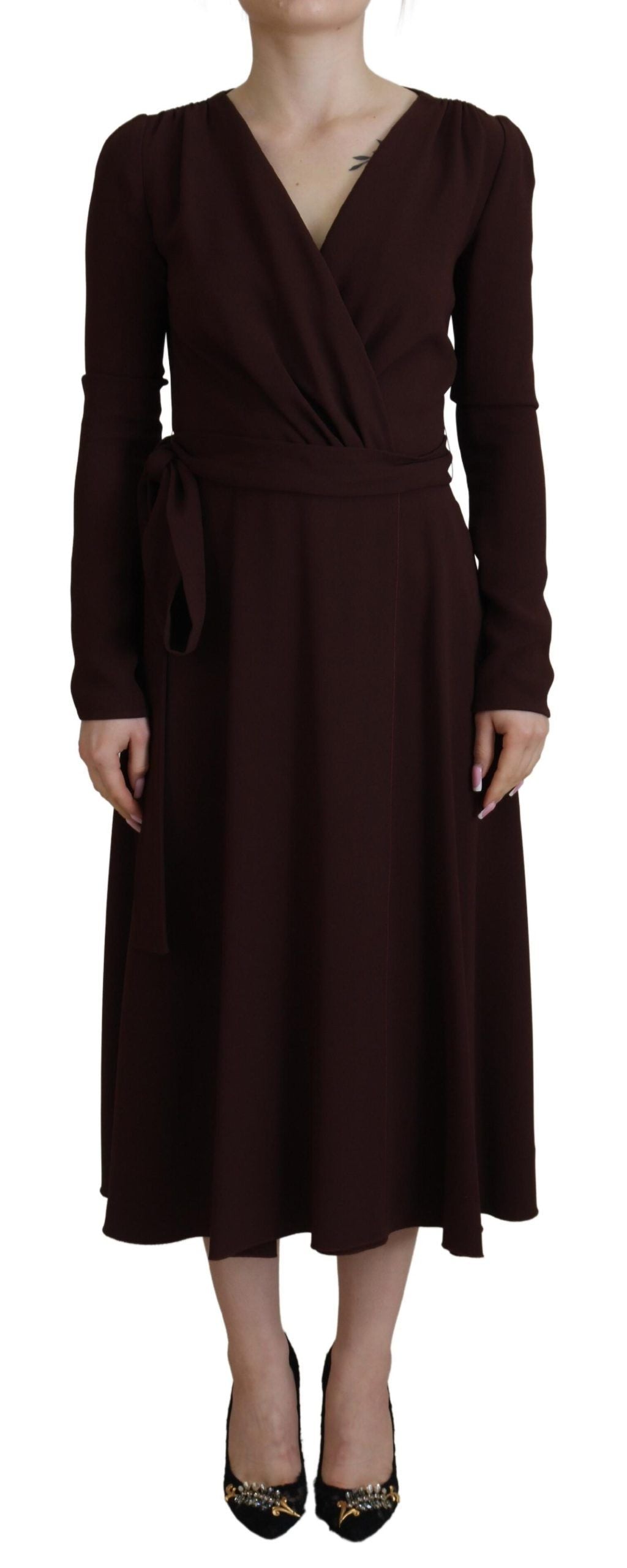 - Elegant Brown Long Sleeve Wrap Dress