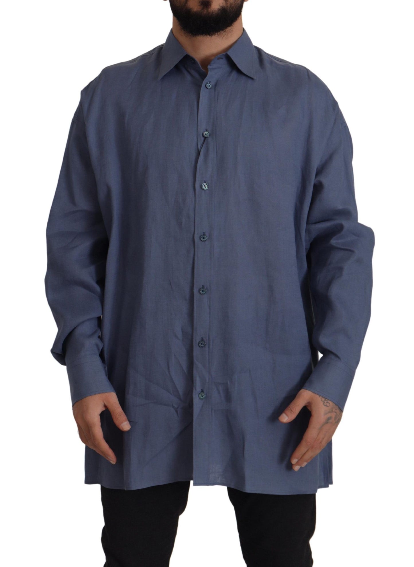 - Elegant Dark Blue Linen Dress Shirt