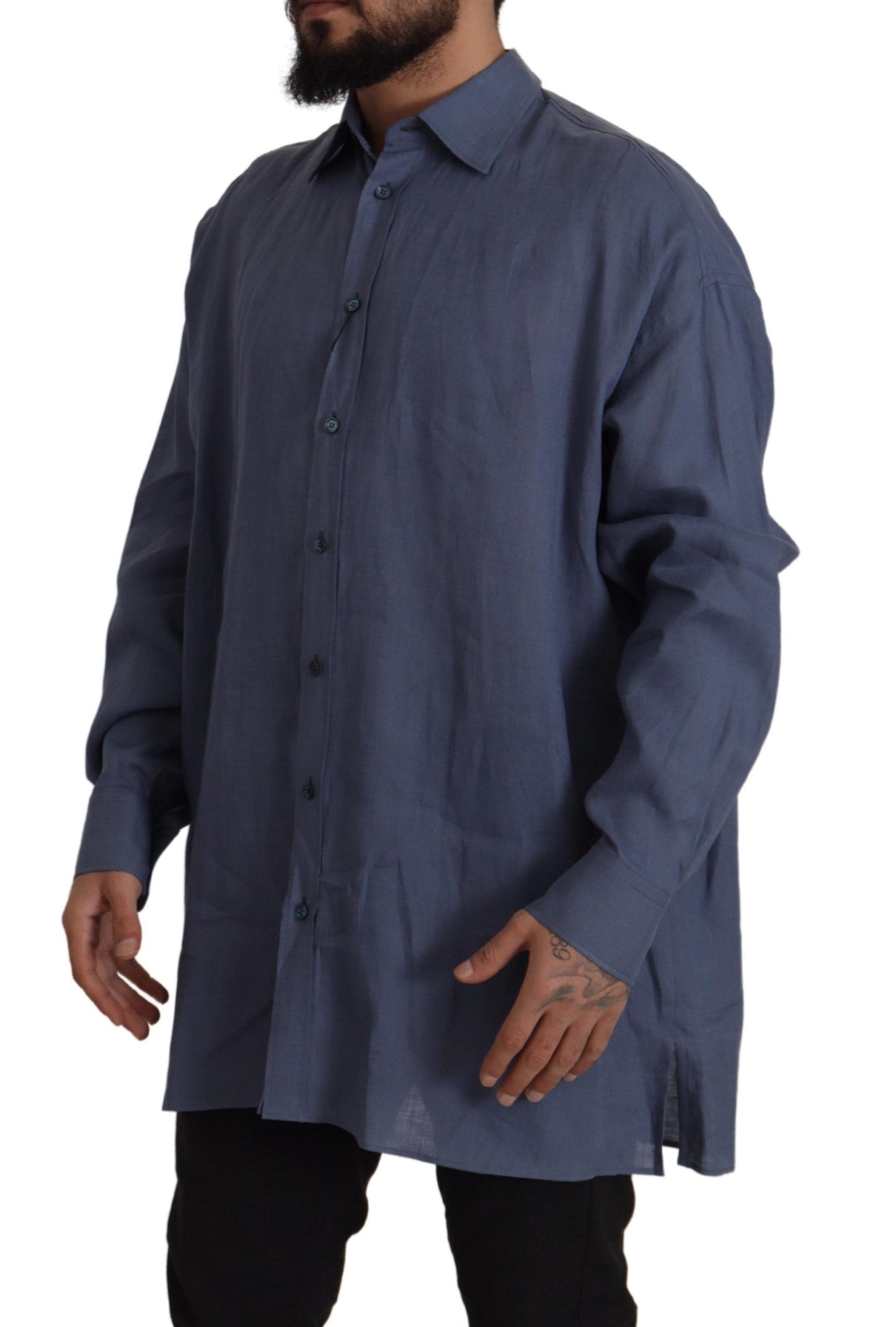 - Elegant Dark Blue Linen Dress Shirt