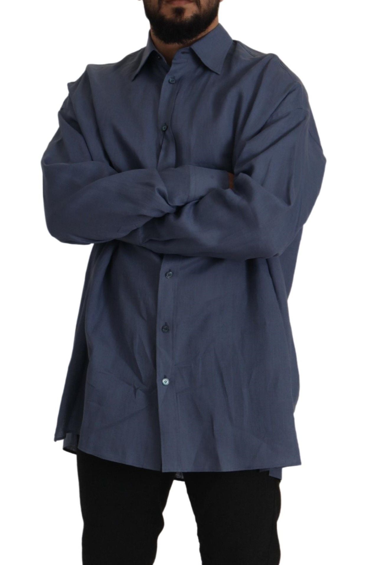 - Elegant Dark Blue Linen Dress Shirt