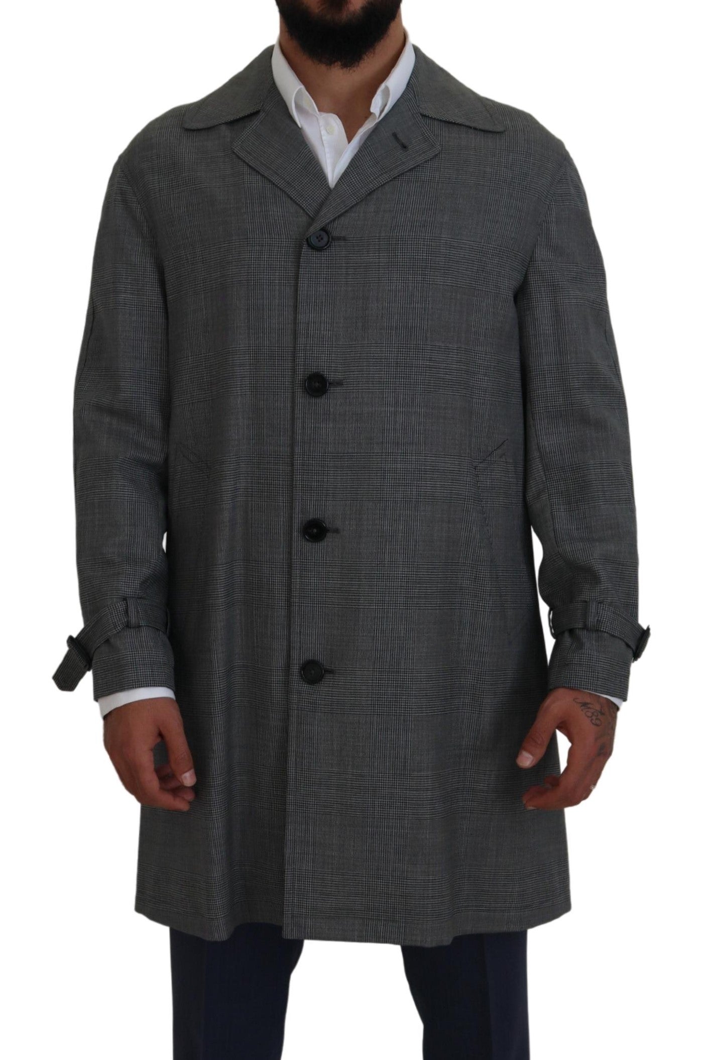 - Elegant Gray Plaid Trench Coat