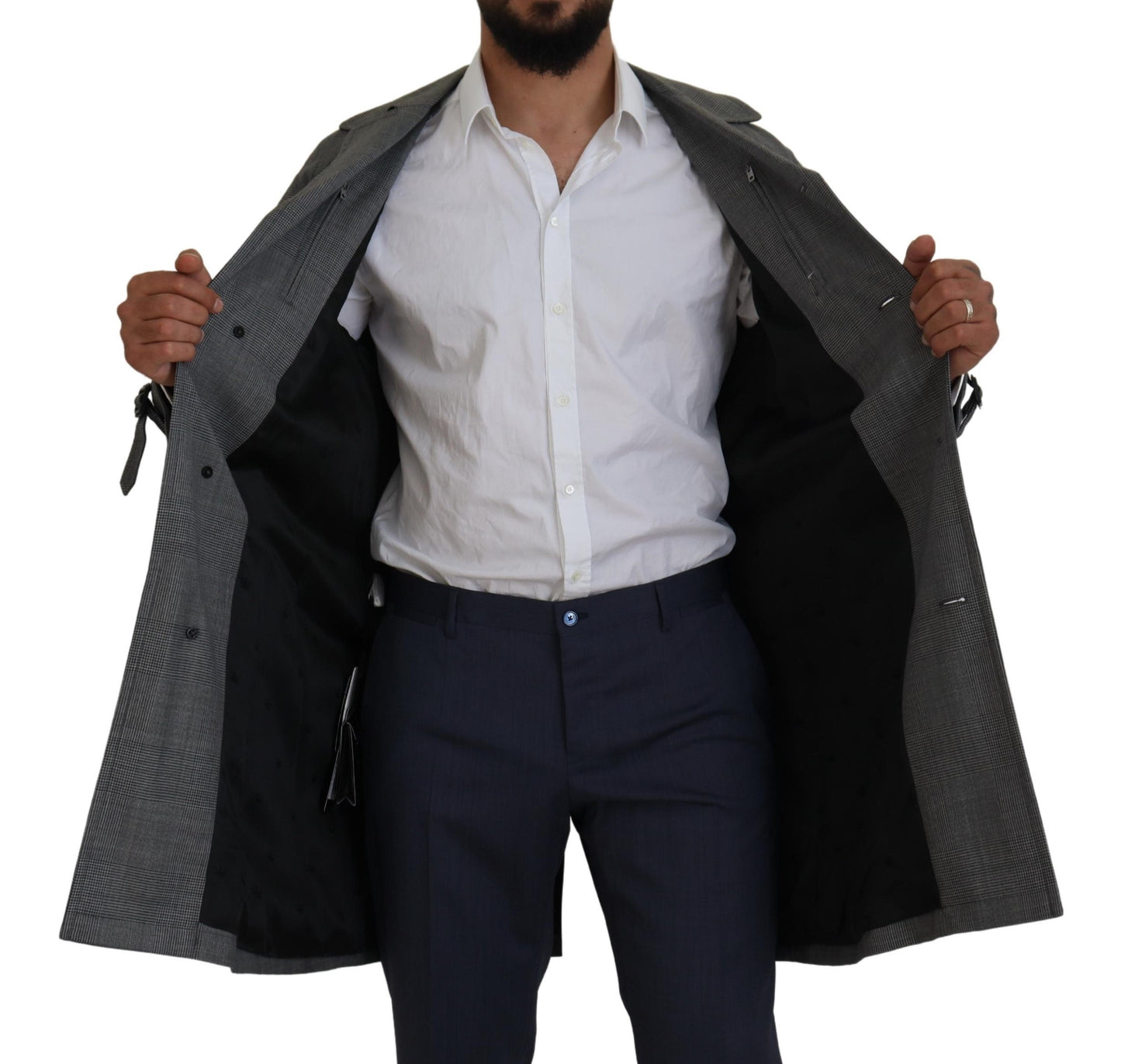 - Elegant Gray Plaid Trench Coat