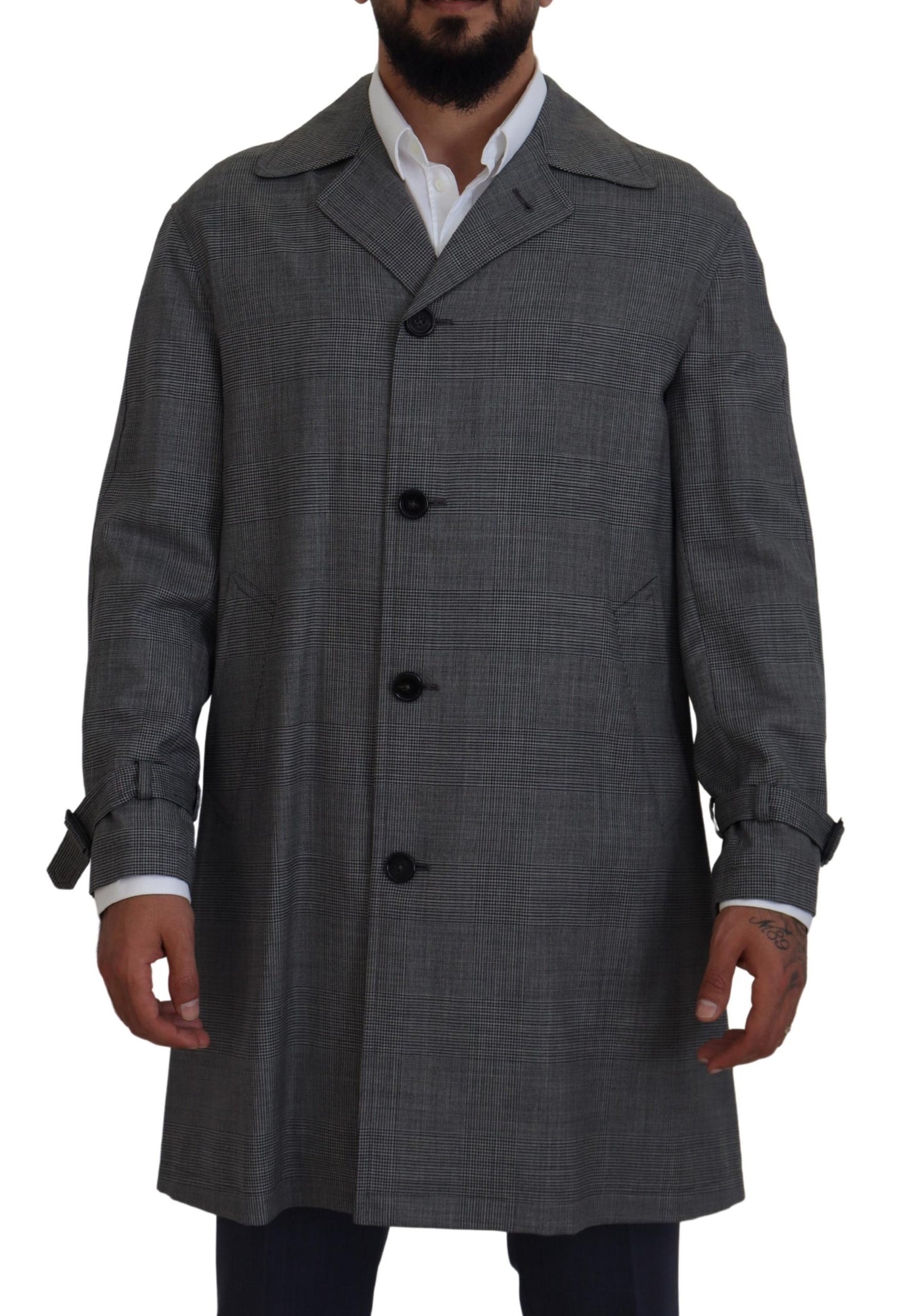 - Elegant Gray Plaid Trench Coat