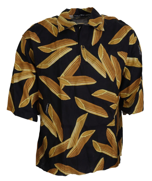 - Black Linen Shirt with Penne Rigate Print