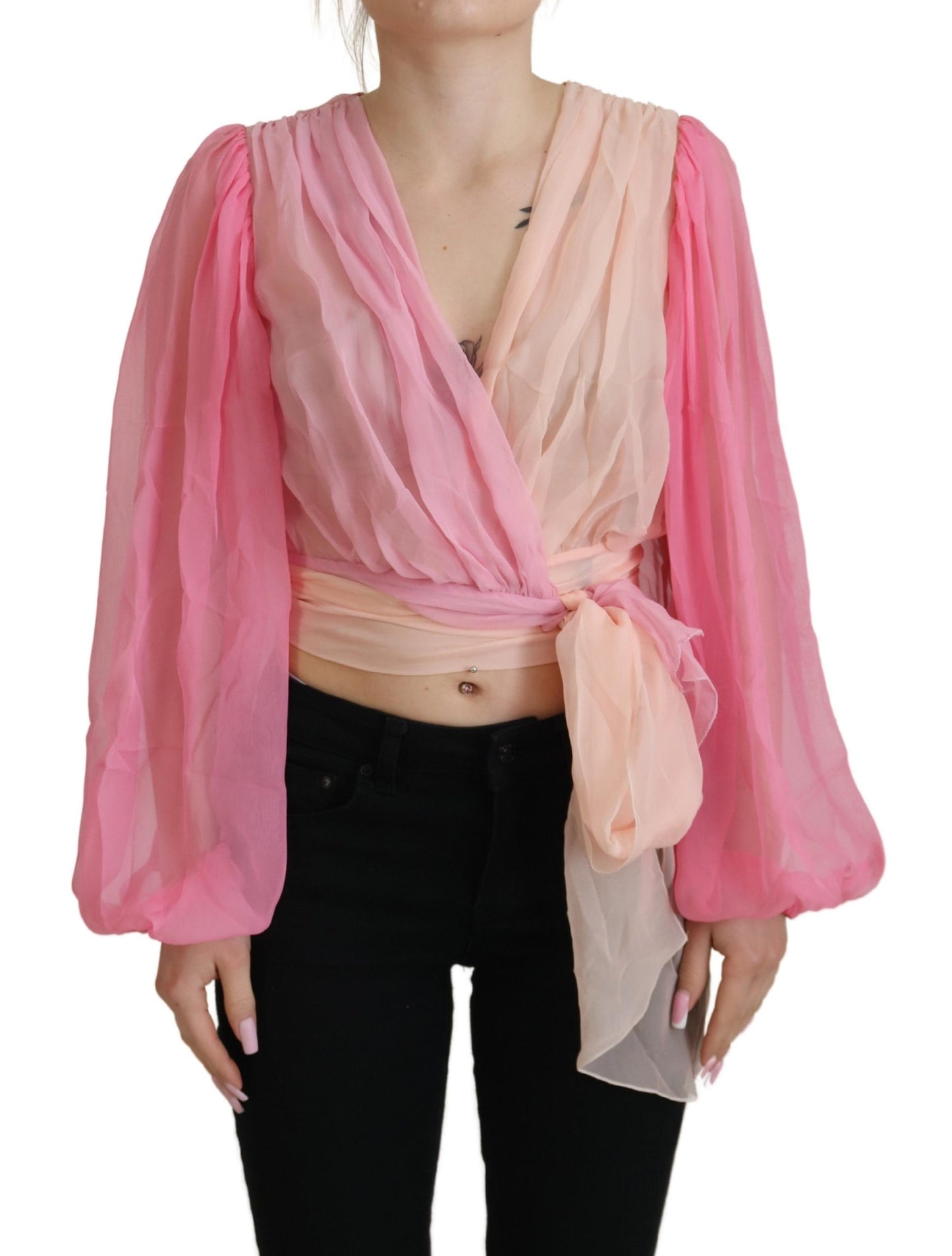 - Silk V-Neckline Wrap Blouse in Pink