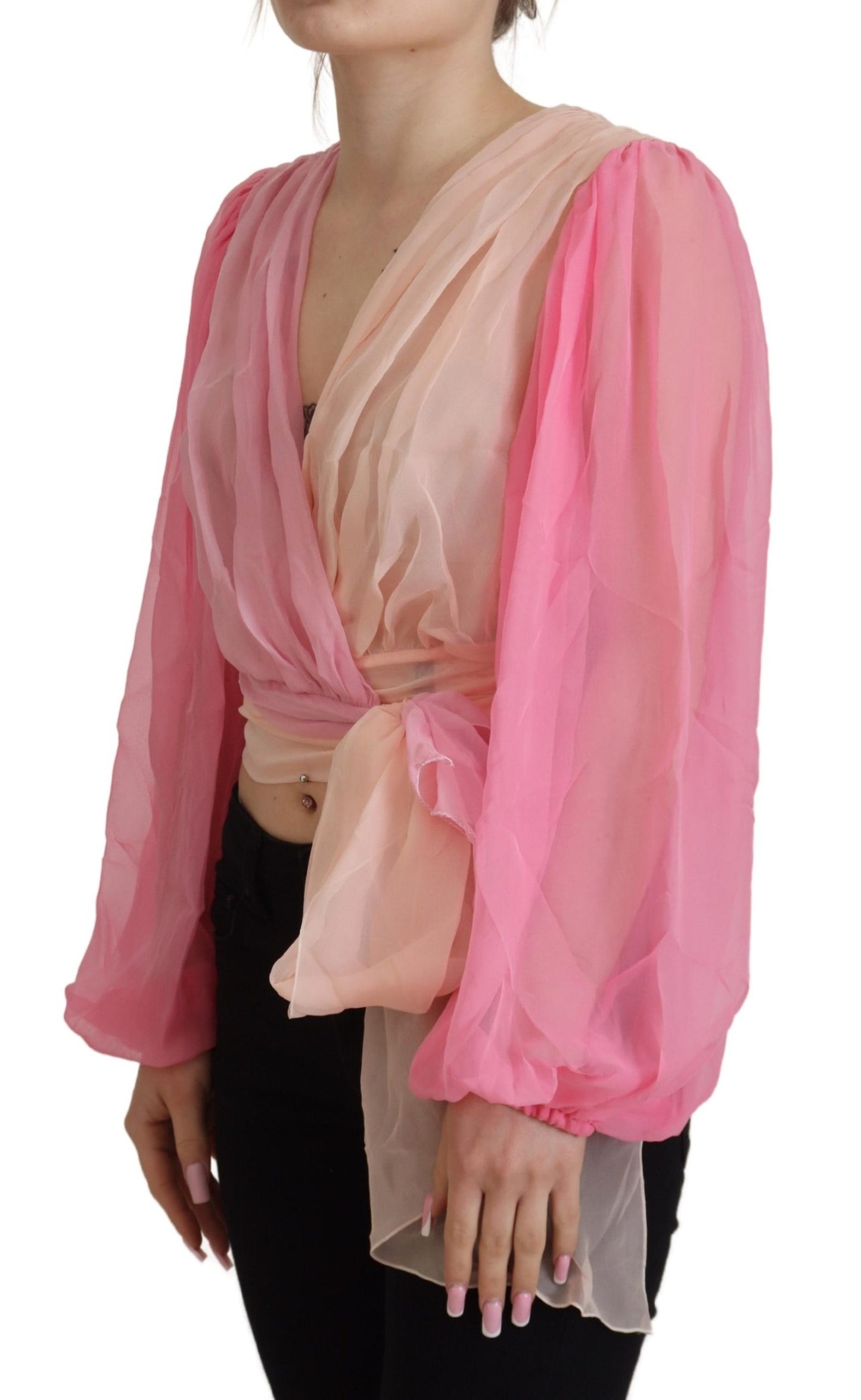 - Silk V-Neckline Wrap Blouse in Pink