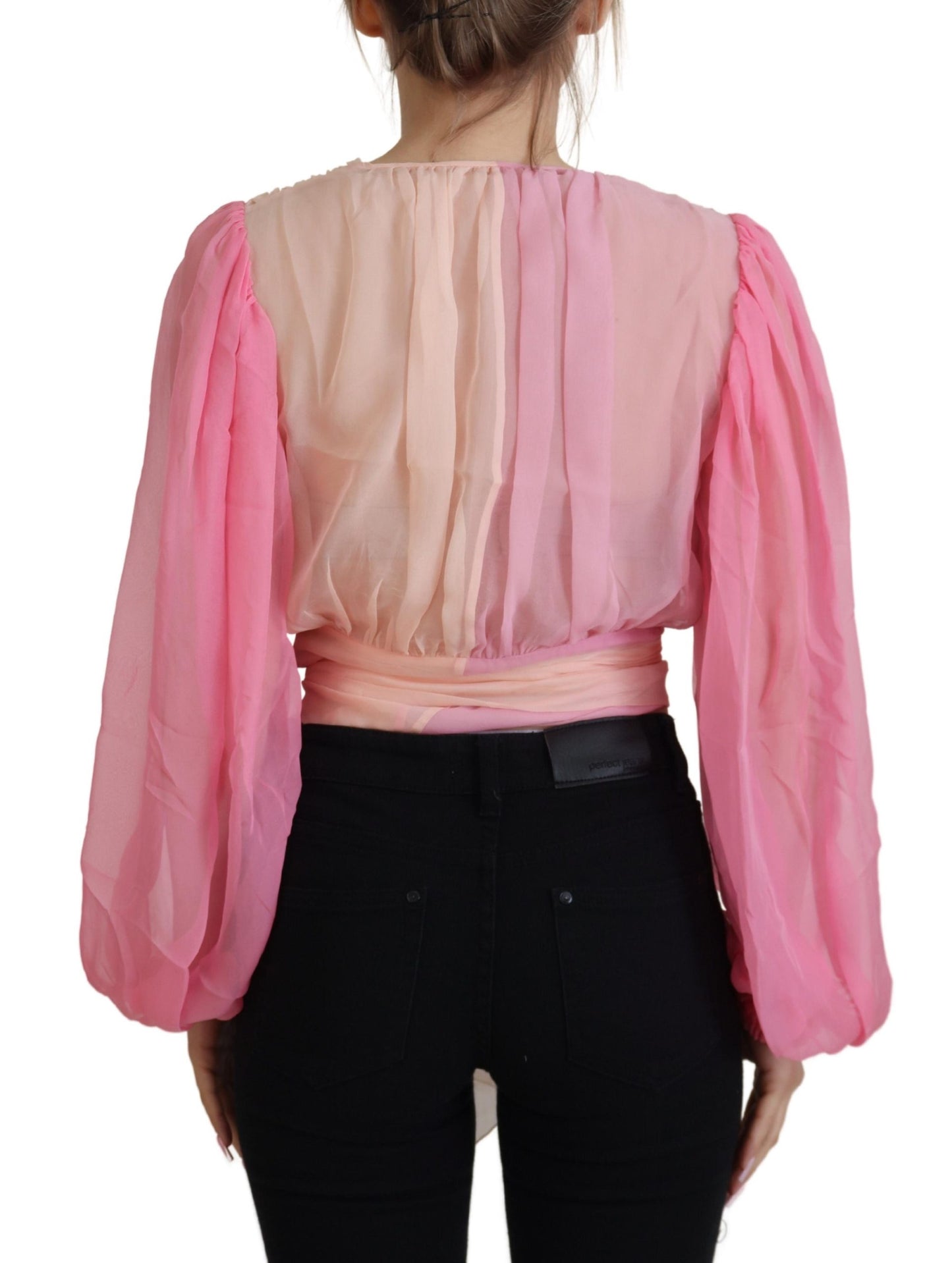 - Silk V-Neckline Wrap Blouse in Pink