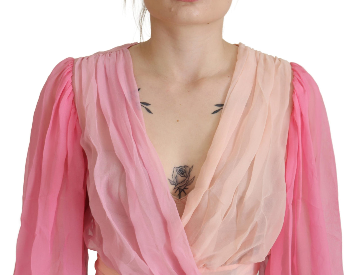 - Silk V-Neckline Wrap Blouse in Pink