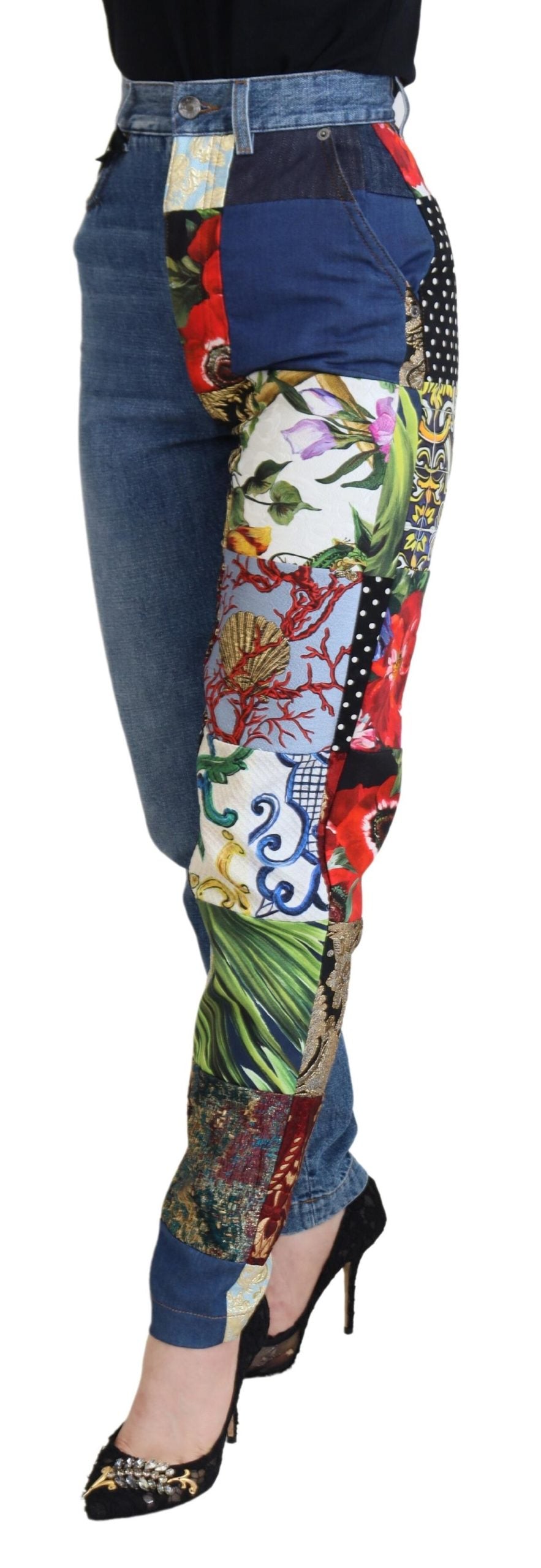 - Patchwork Jacquard Blue Denim Luxury Jeans