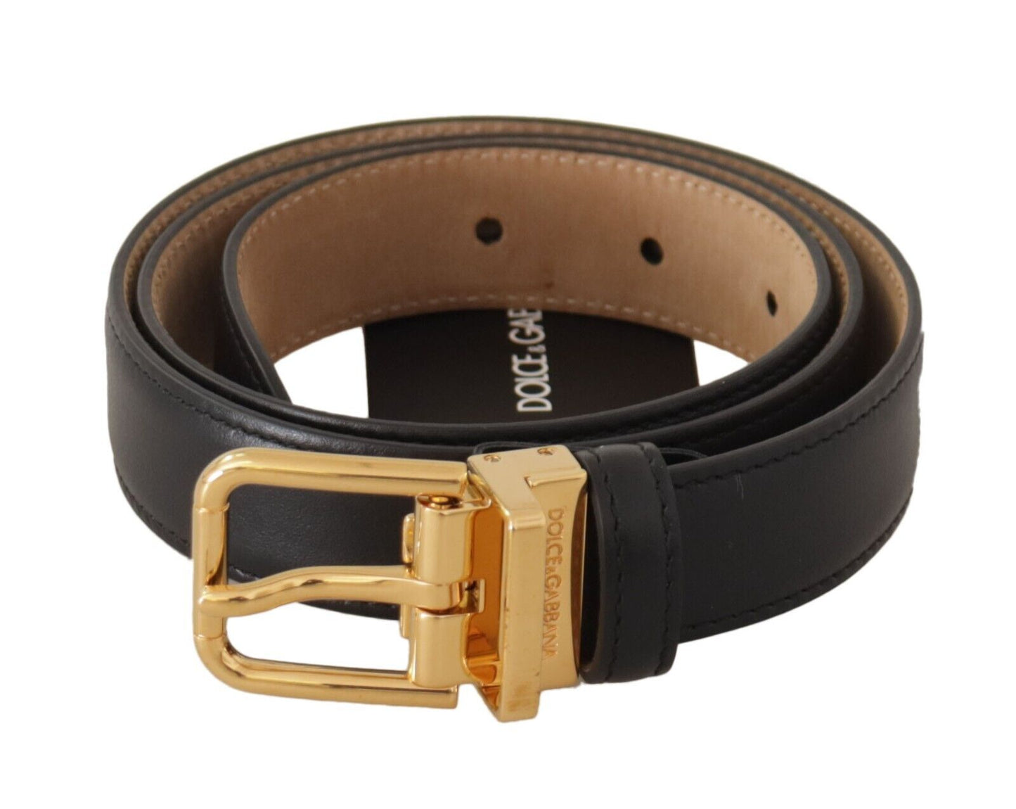 - Elegant Black Leather Belt with Engraved Metal Buckle