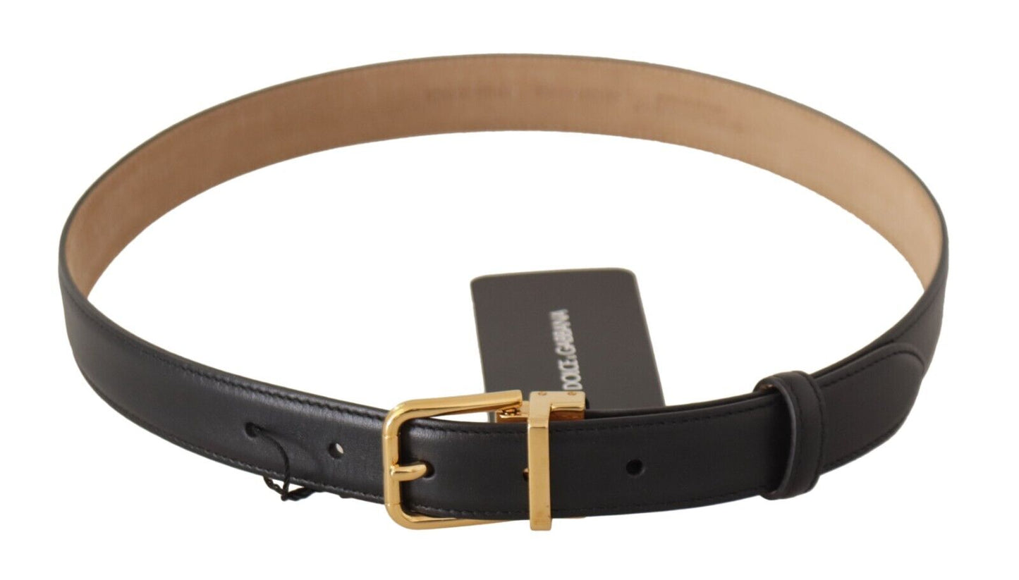 - Elegant Black Leather Belt with Engraved Metal Buckle