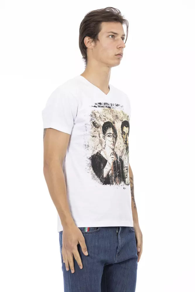 - Elegant V-Neck Designer Tee with Chic Front Print