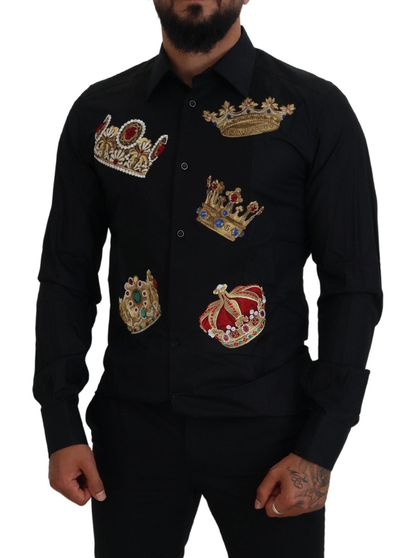 - Elegant Black Slim Fit Dress Shirt with Crown Embroidery