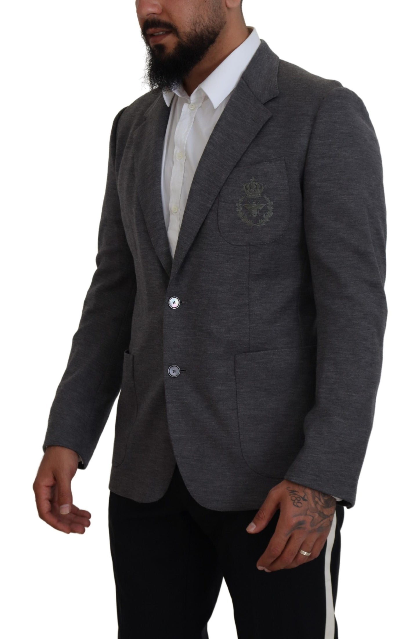 - Elegant Gray Wool Blazer with Bee Crown Embroidery