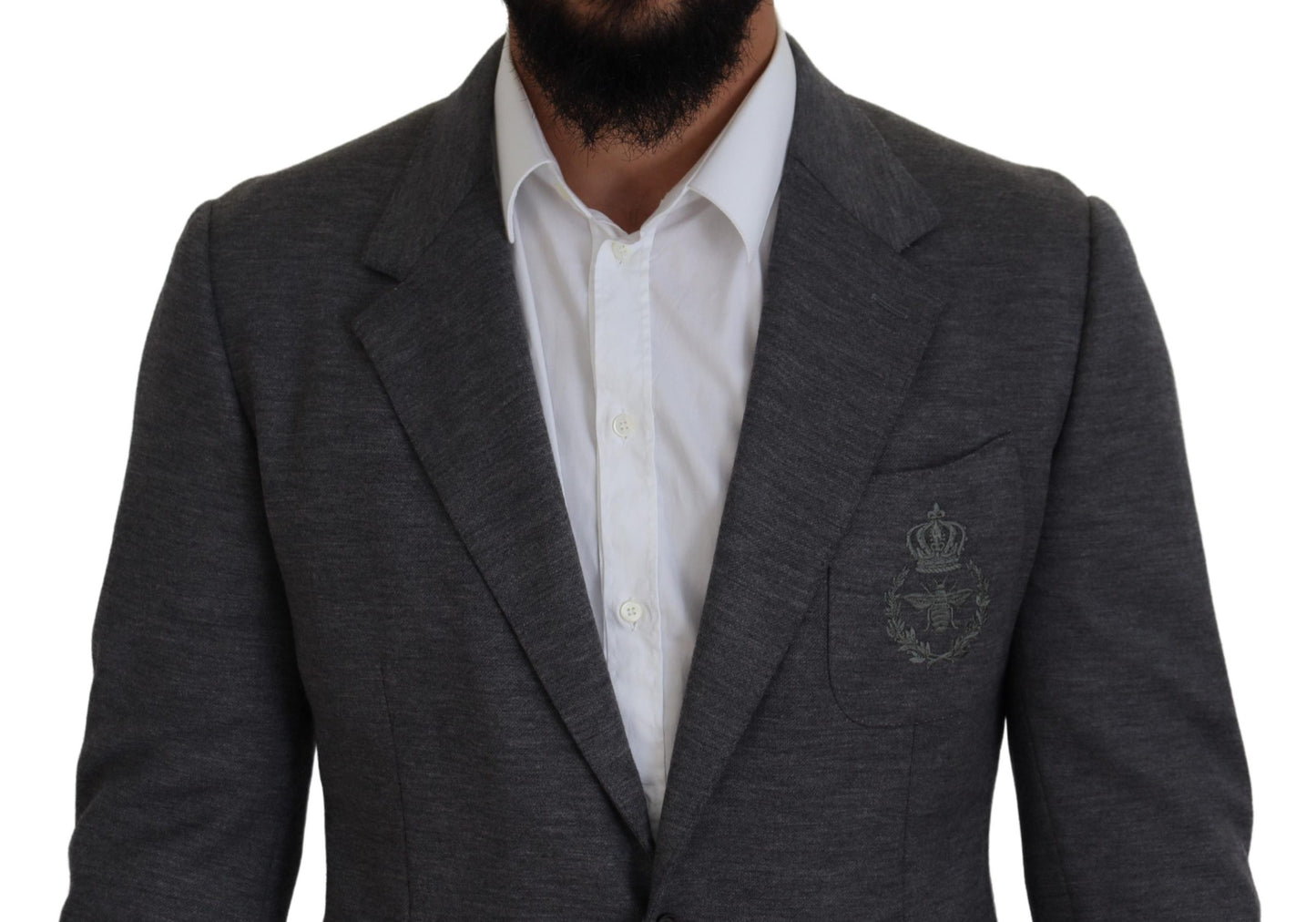 - Elegant Gray Wool Blazer with Bee Crown Embroidery