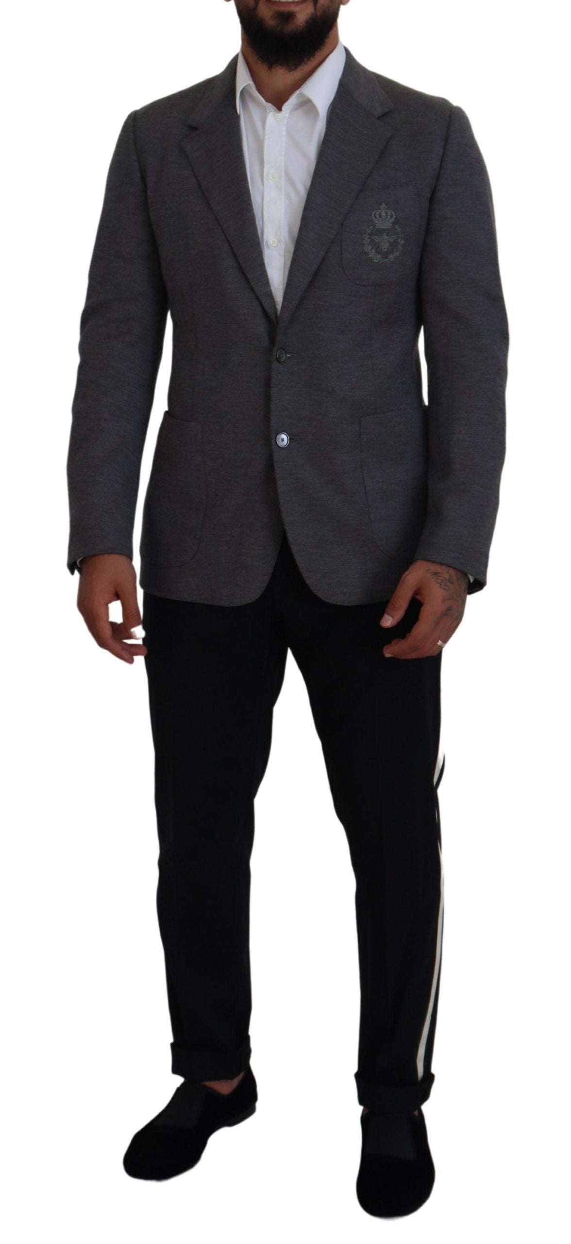 - Elegant Gray Wool Blazer with Bee Crown Embroidery