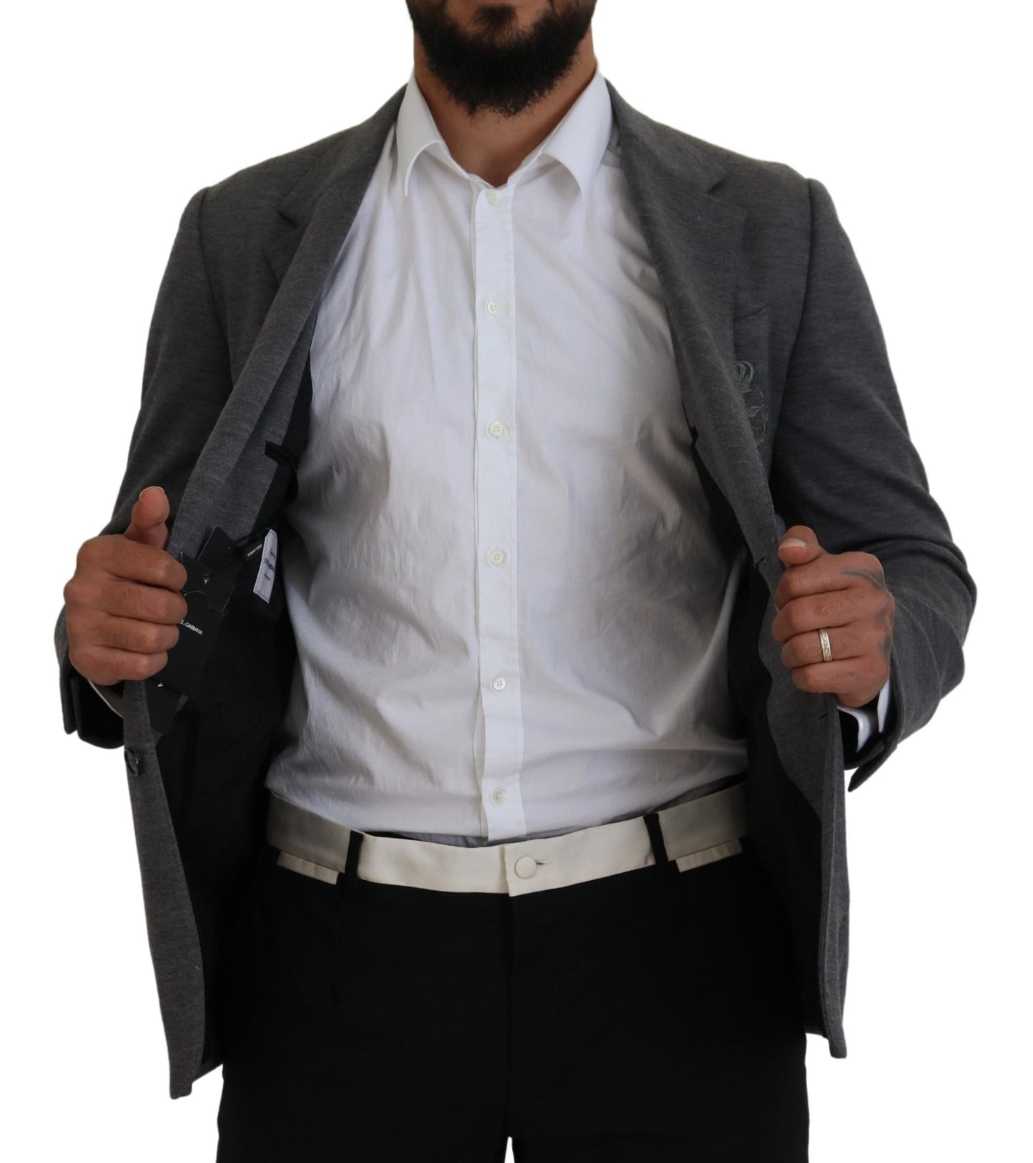 - Elegant Gray Wool Blazer with Bee Crown Embroidery