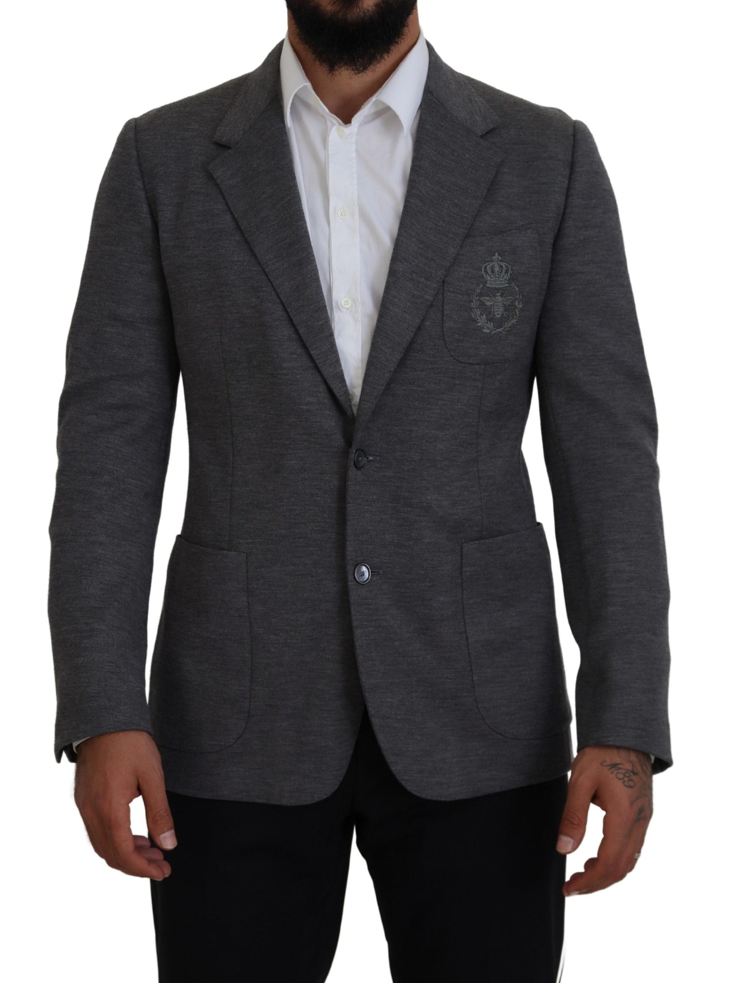 - Elegant Gray Wool Blazer with Bee Crown Embroidery