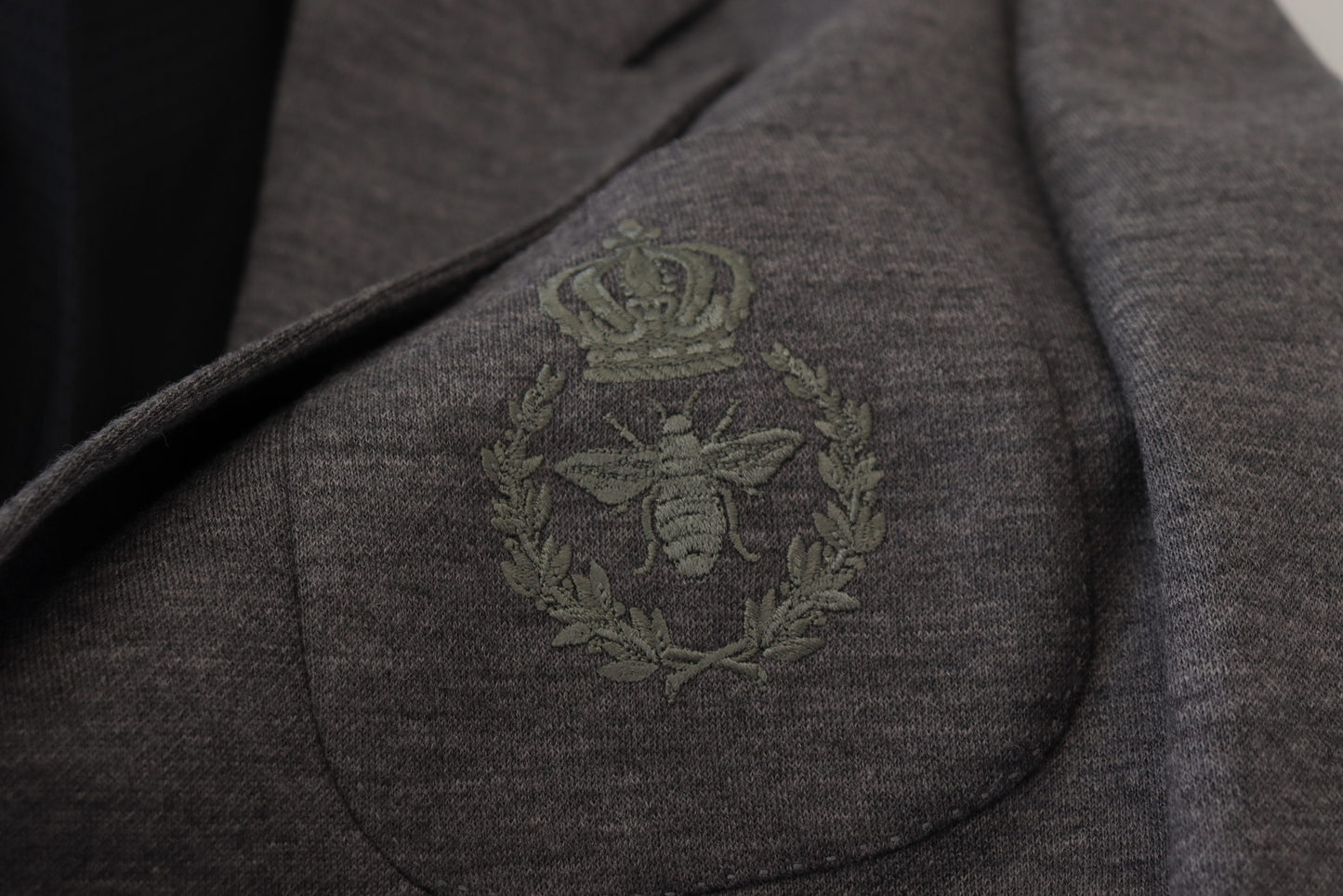 - Elegant Gray Wool Blazer with Bee Crown Embroidery