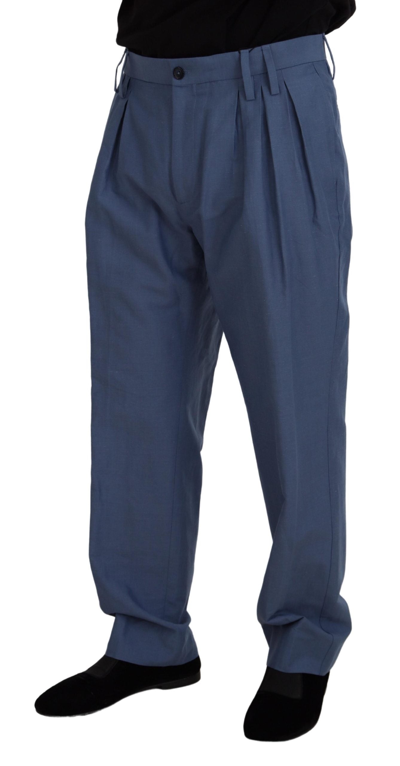 - Elegant Blue Linen-Cotton Blend Trousers
