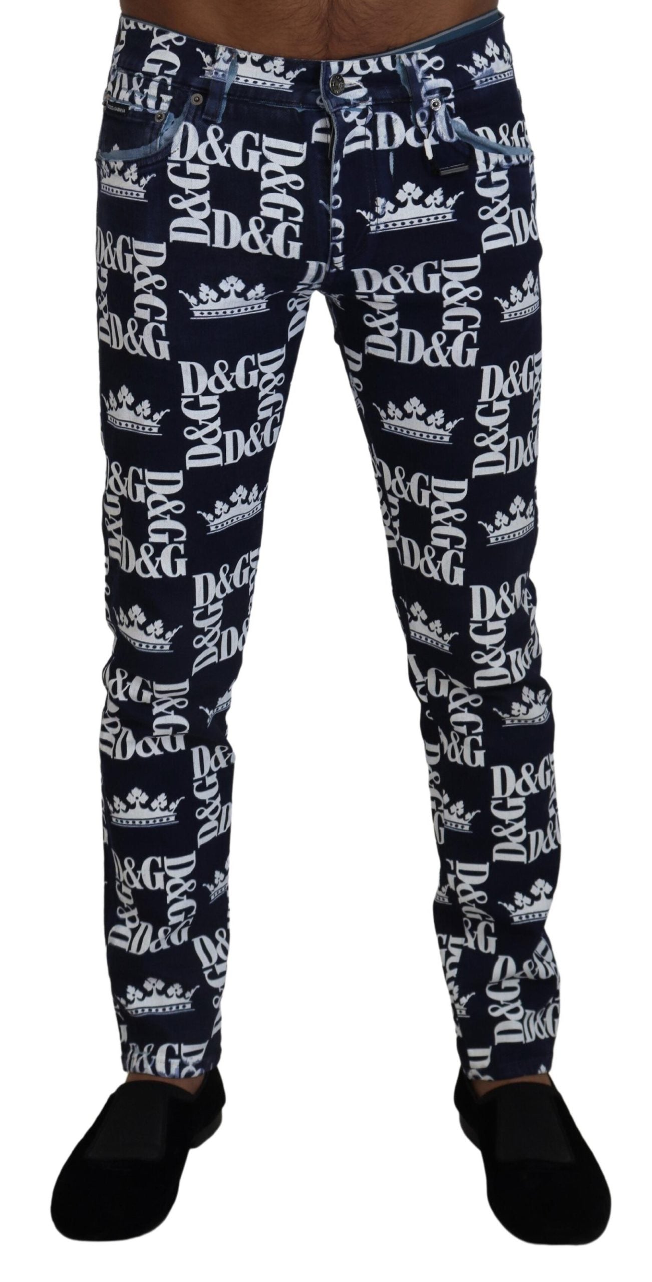 - Elegant Crown Print Denim Pants