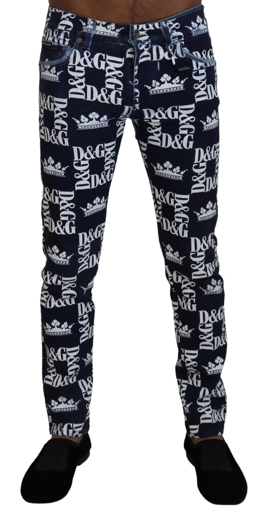 - Elegant Crown Print Denim Pants