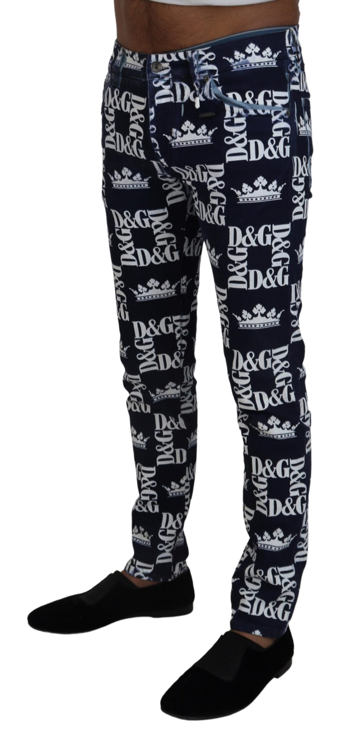 - Elegant Crown Print Denim Pants