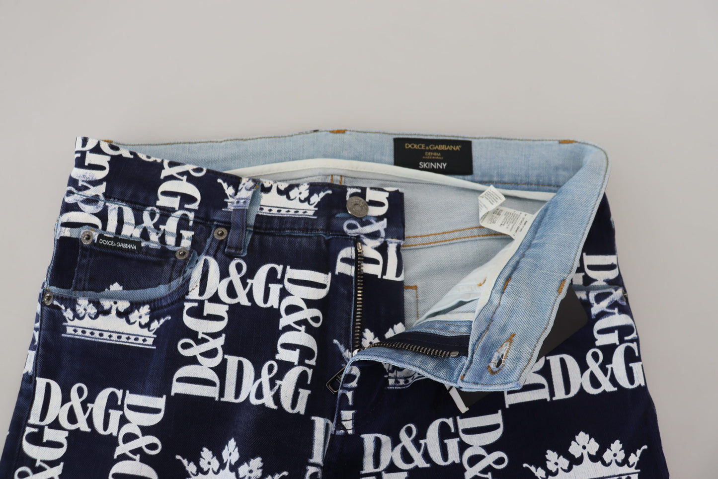 - Elegant Crown Print Denim Pants