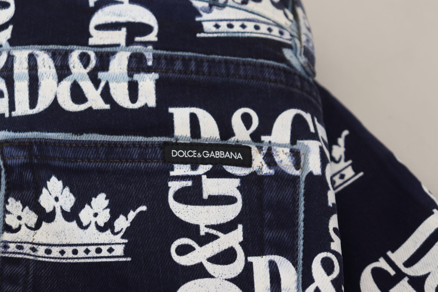 - Elegant Crown Print Denim Pants