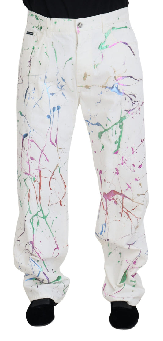 - Chic White Splash Print Denim Pants