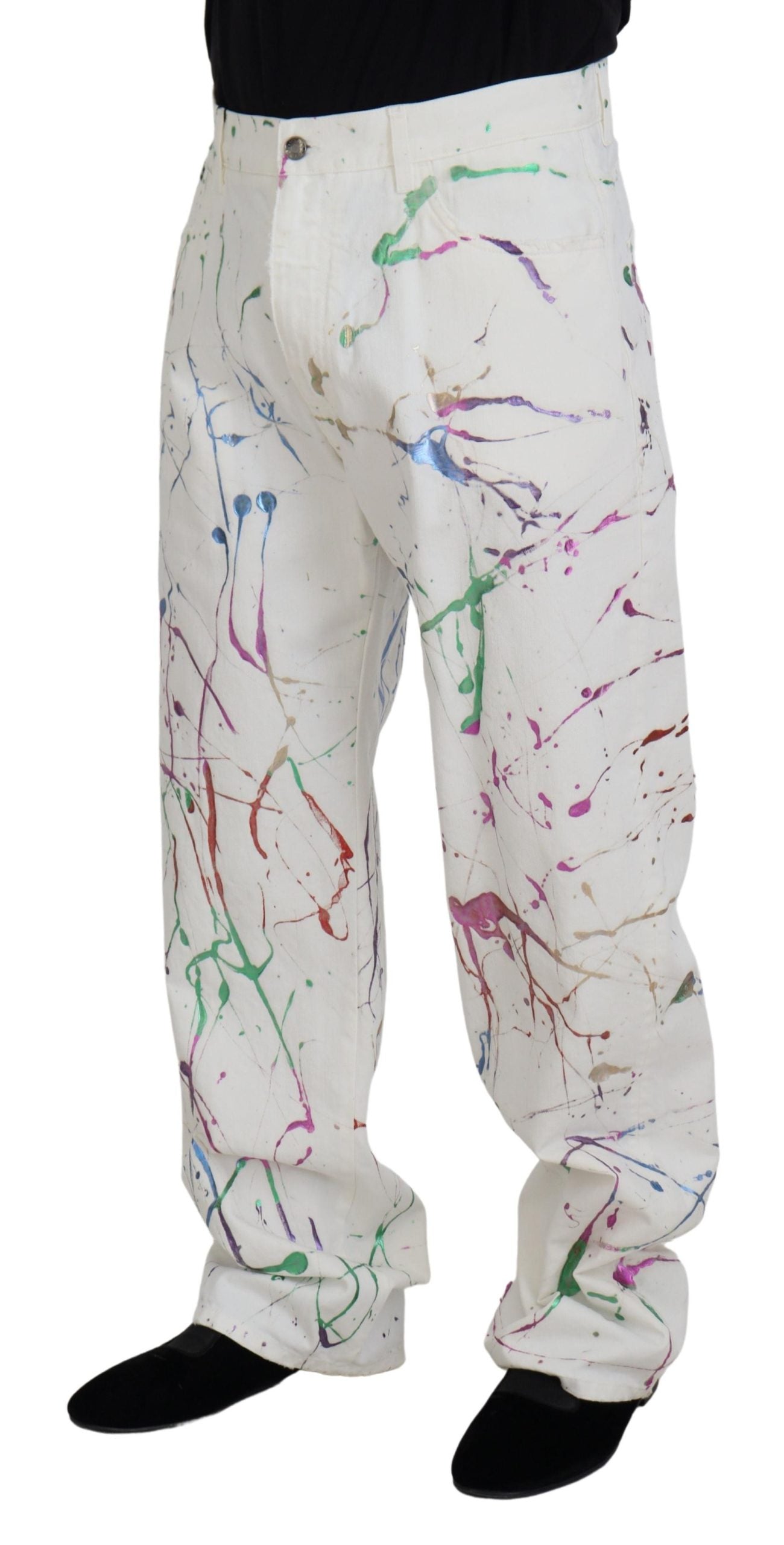 - Chic White Splash Print Denim Pants
