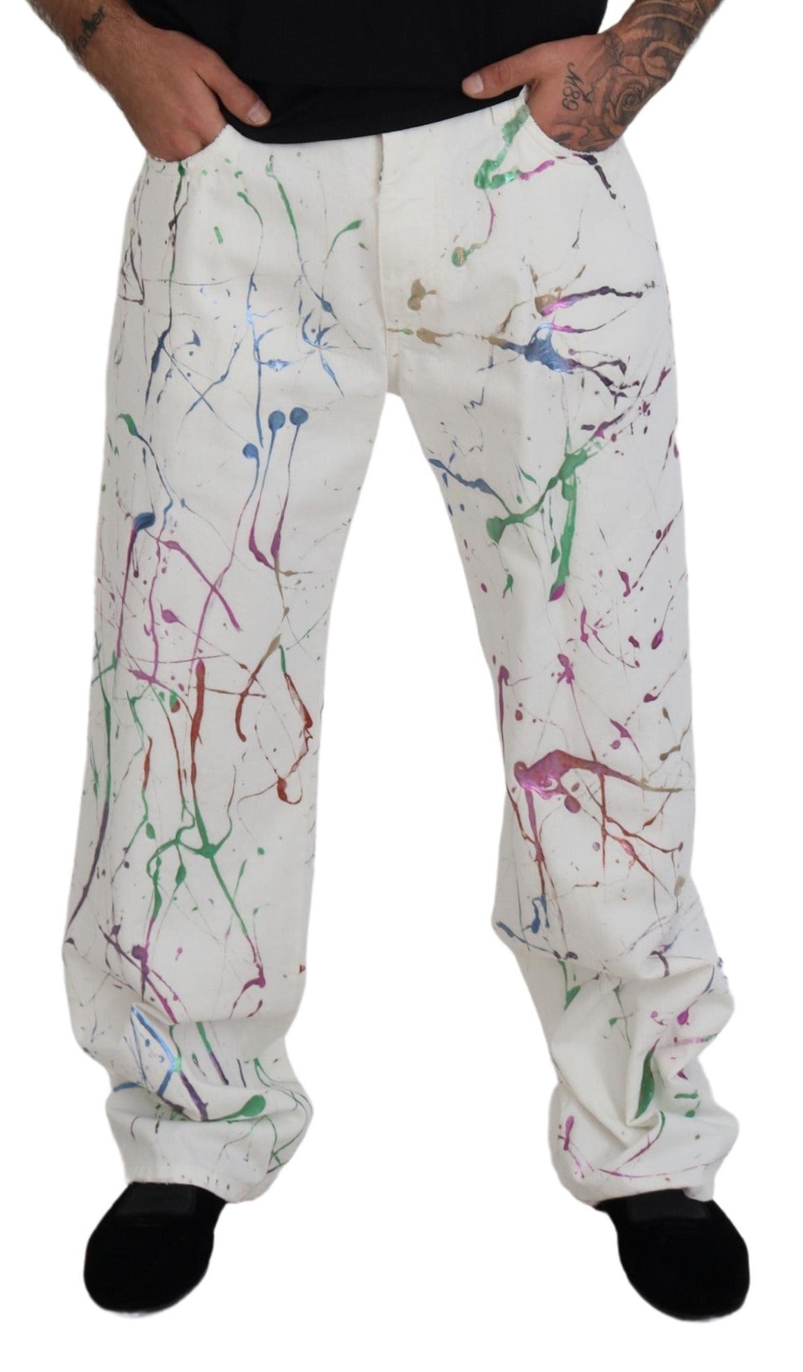 - Chic White Splash Print Denim Pants