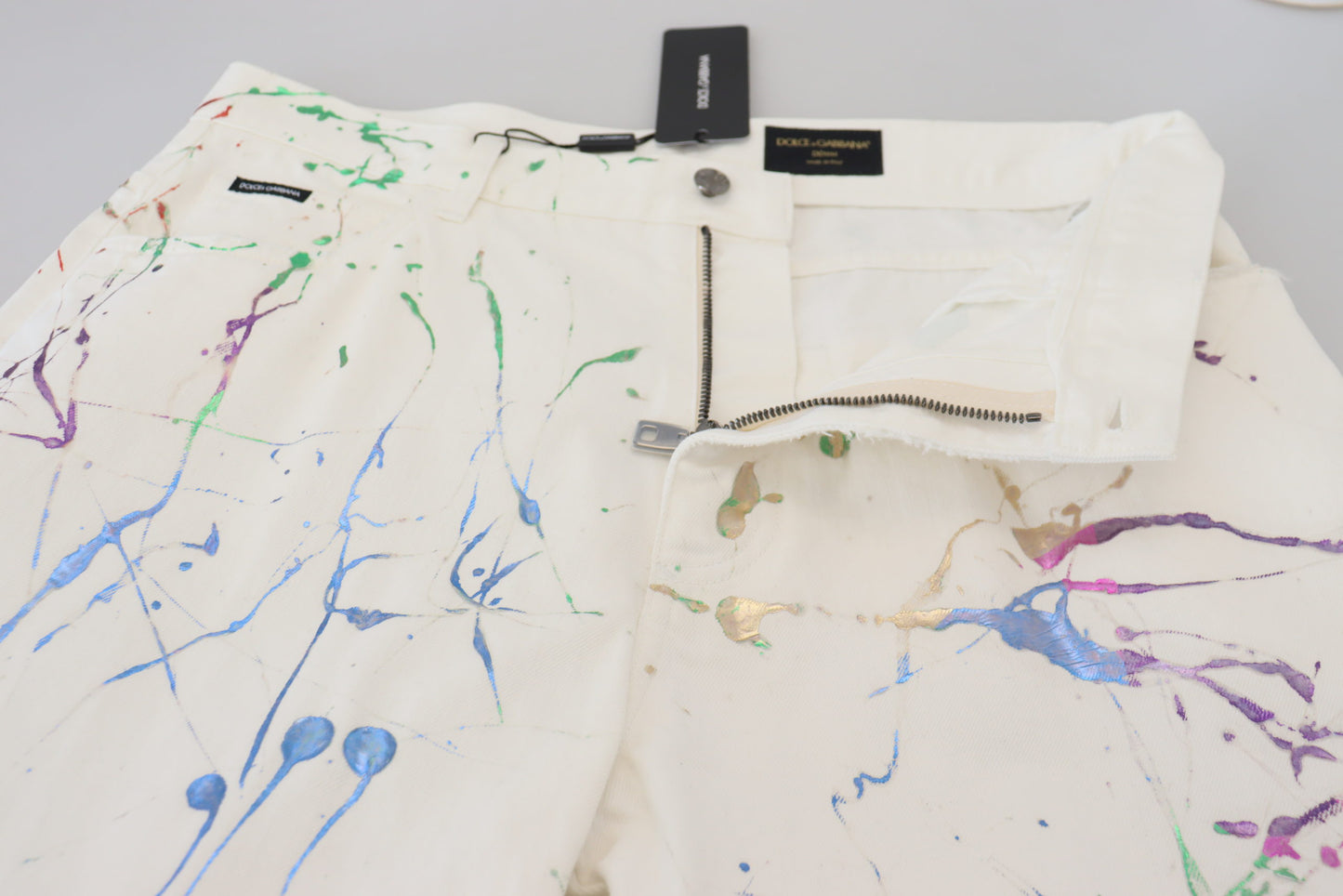 - Chic White Splash Print Denim Pants