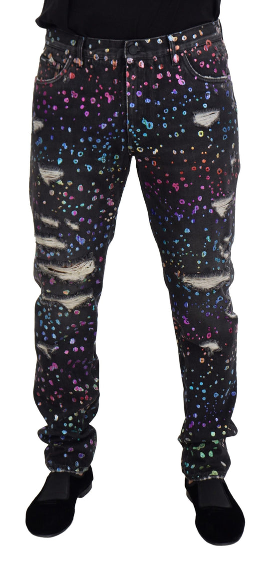 - Elegant Multicolor Printed Denim Pants