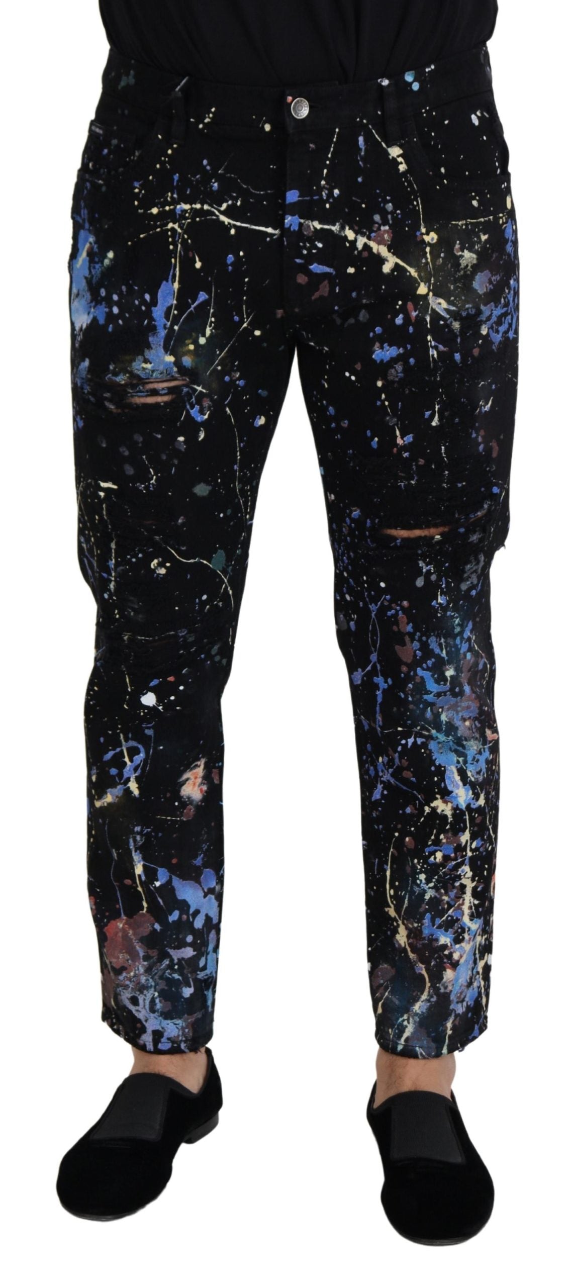 - Exquisite Color Splash Print Denim Pants