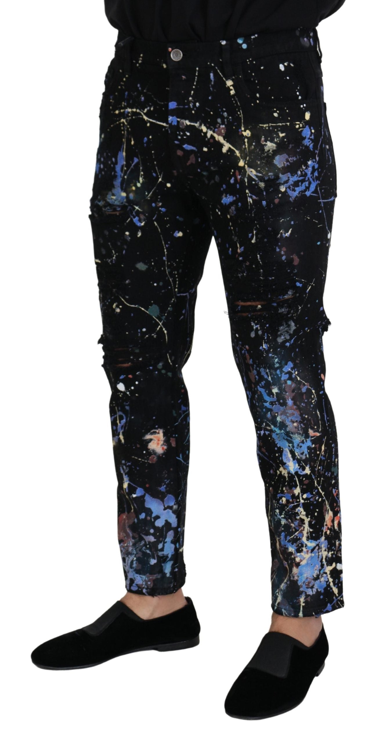 - Exquisite Color Splash Print Denim Pants