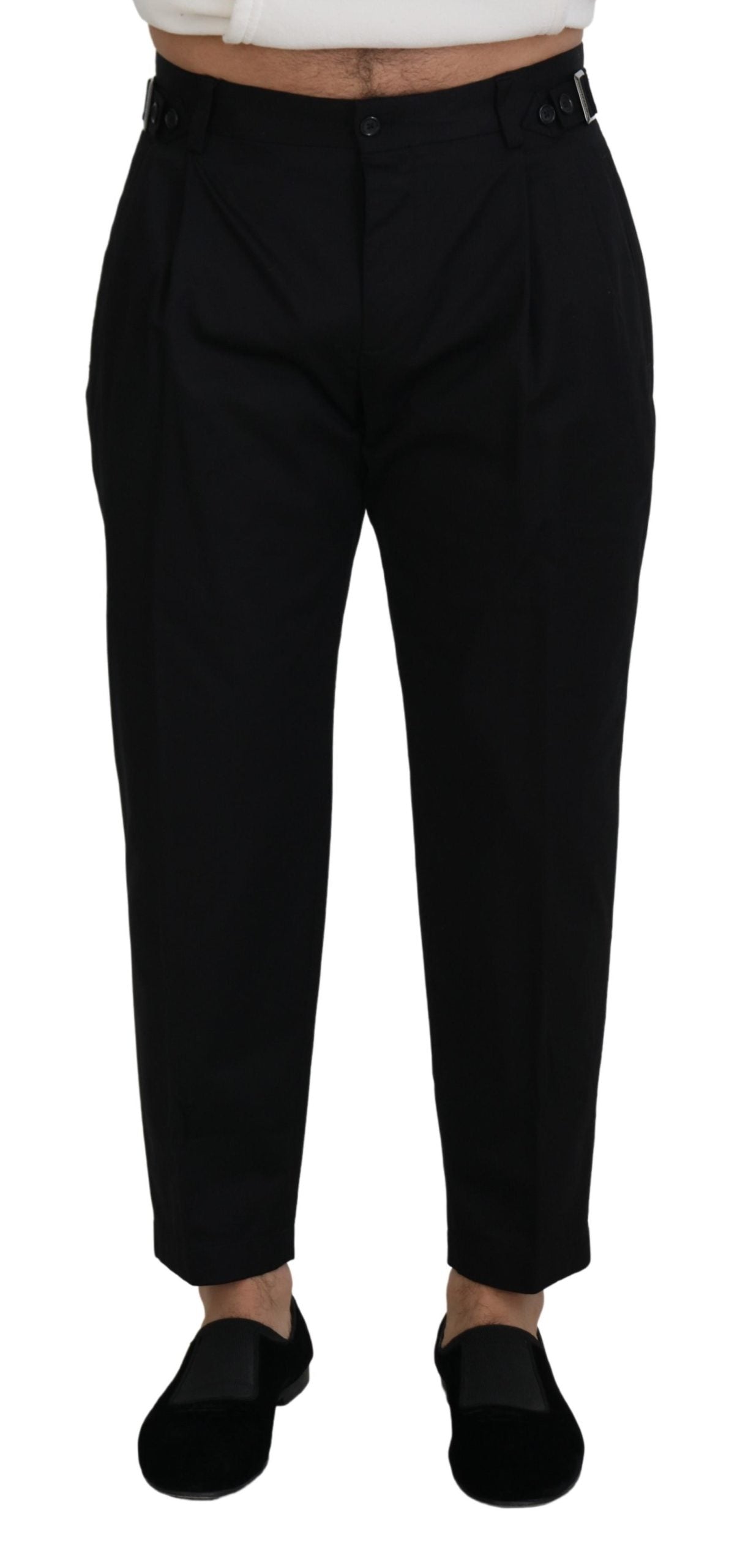 - Sleek Black Italian Designer Pants with Side Buckle