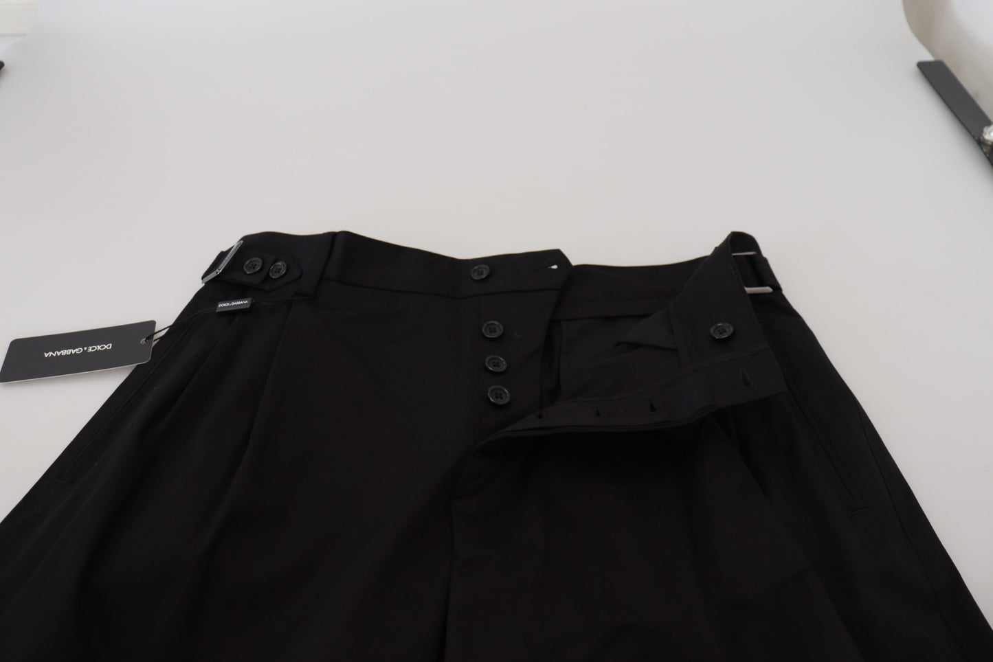 - Sleek Black Italian Designer Pants with Side Buckle