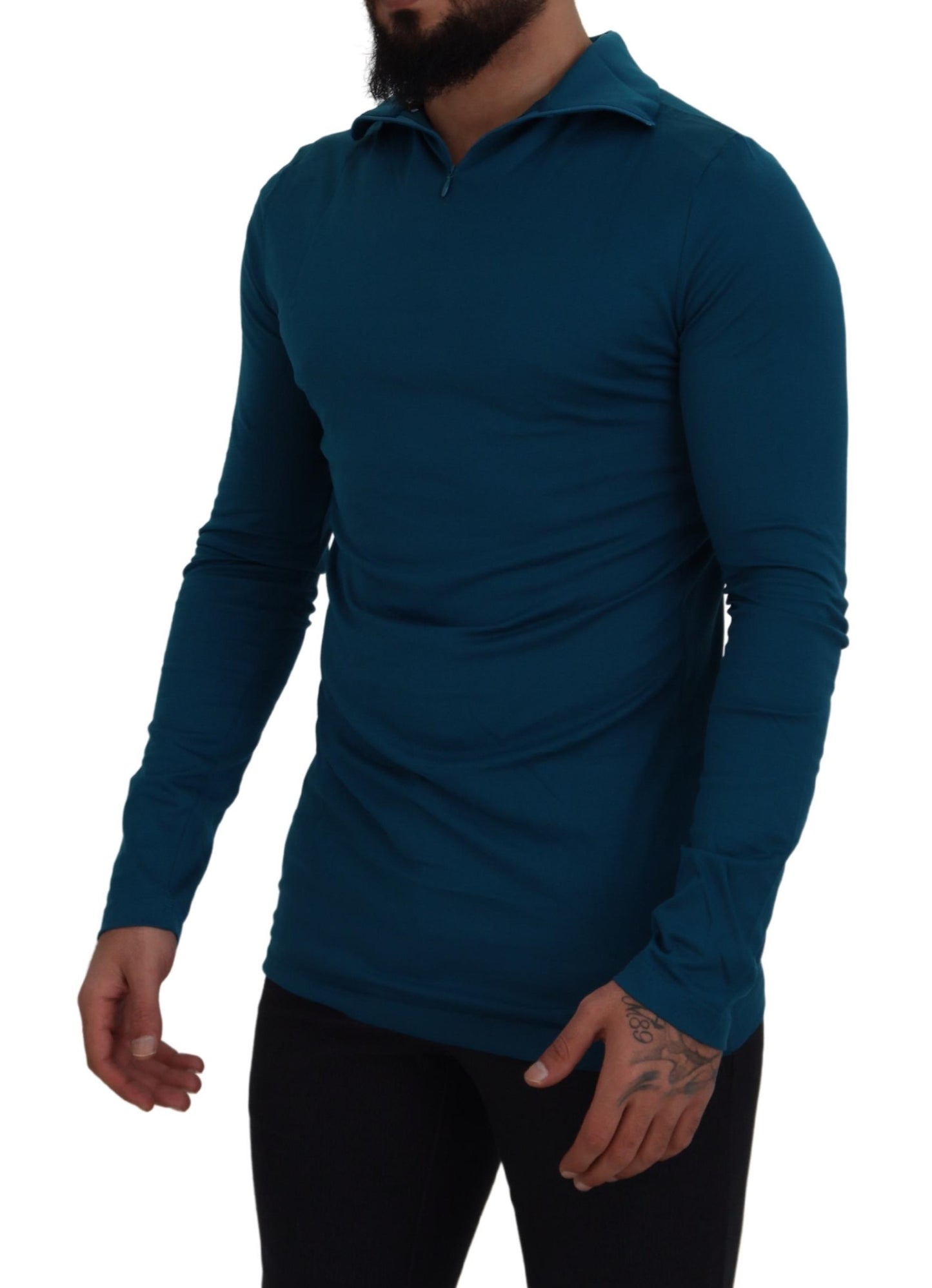 - Elegant Blue Cotton Pullover Sweater