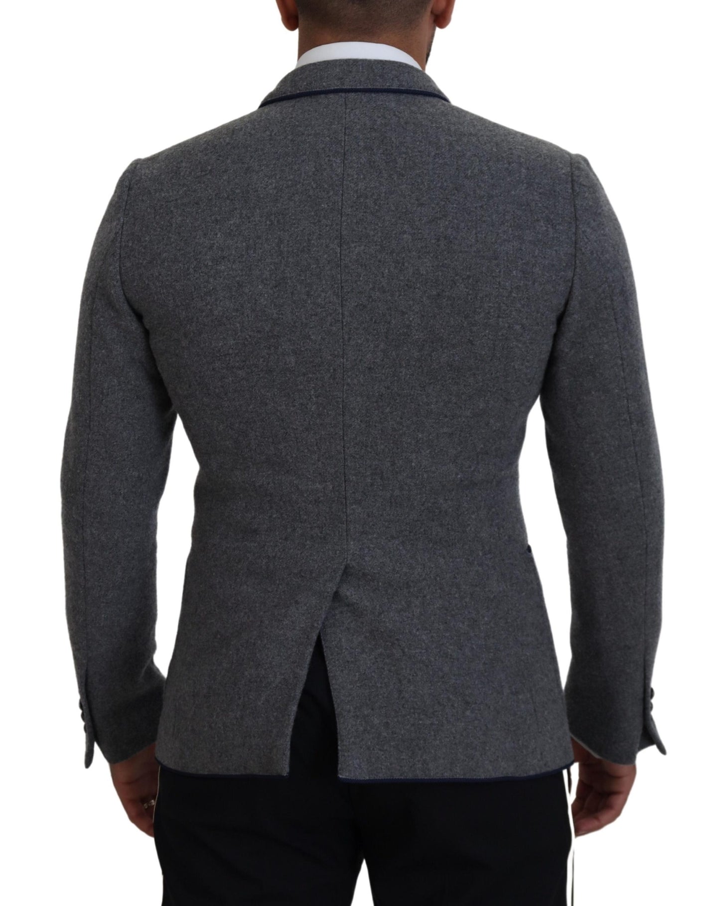 - Elegant Gray Wool Blazer with Blue Rose Embroidery