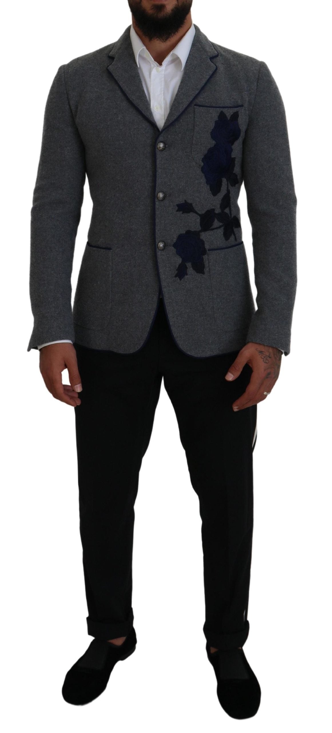 - Elegant Gray Wool Blazer with Blue Rose Embroidery